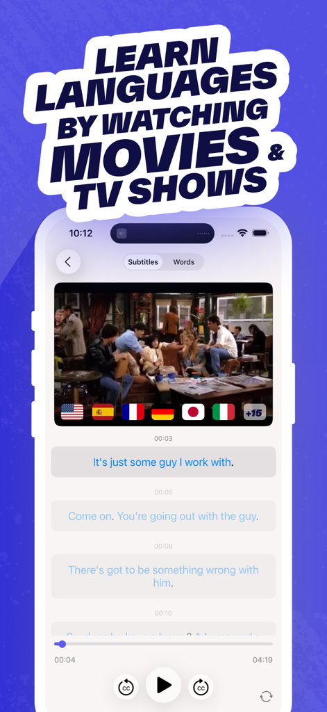 Wordy app interface showing language learning through movie clips and subtitles