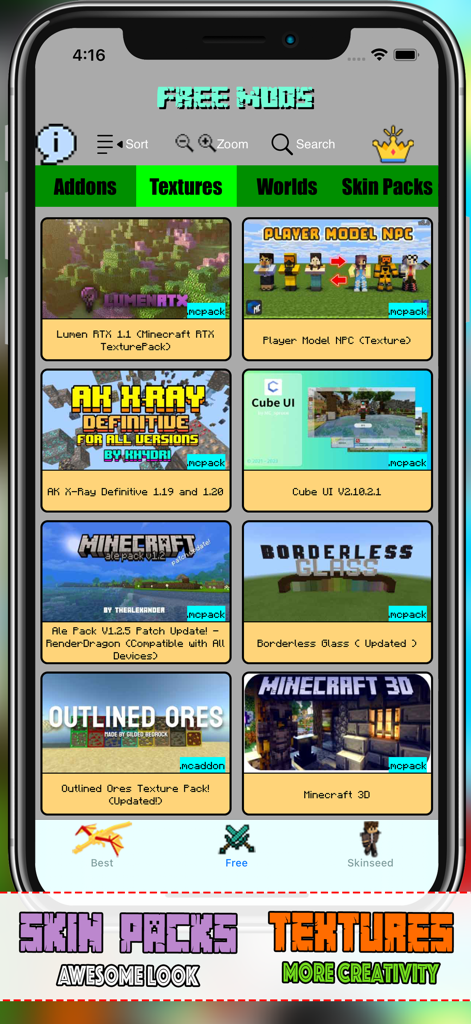 Monster Add-ons for Minecraft - A mobile app interface displaying various texture packs for Minecraft including RTX and X-Ray mods.
