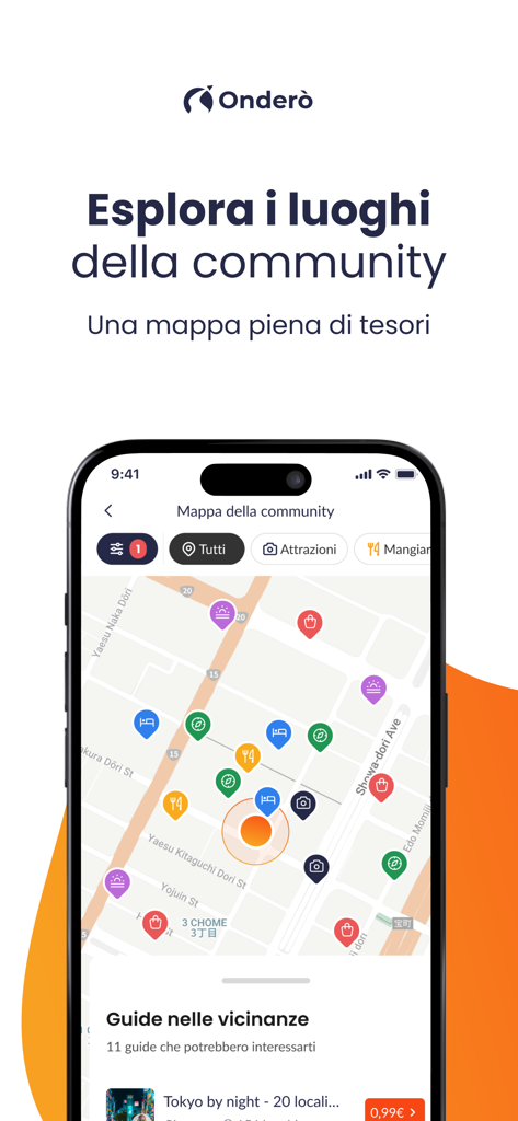 Onderò - Onderò app community map interface showing travel pins and local discovery guides