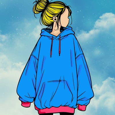 realistic girl with a oversized sweatshirt on and a bun