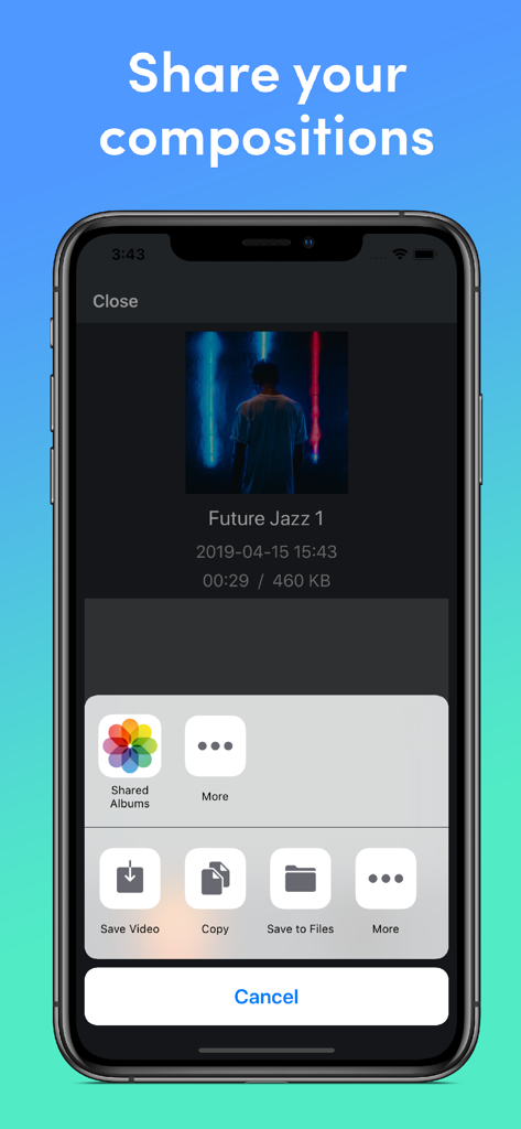 Beat Snap - Music & Beat Maker - Interface showing how to share music compositions in Beat Snap