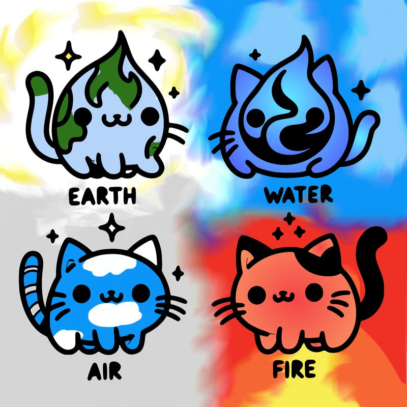 4 cats that represent the different elements, earth, water, air, and fire