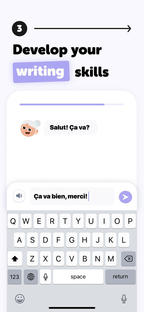 Falou App-Oberfläche, die eine französische Schreibübung mit einem Chat-Gespräch zwischen einem Avatar und einem Benutzer zeigt.