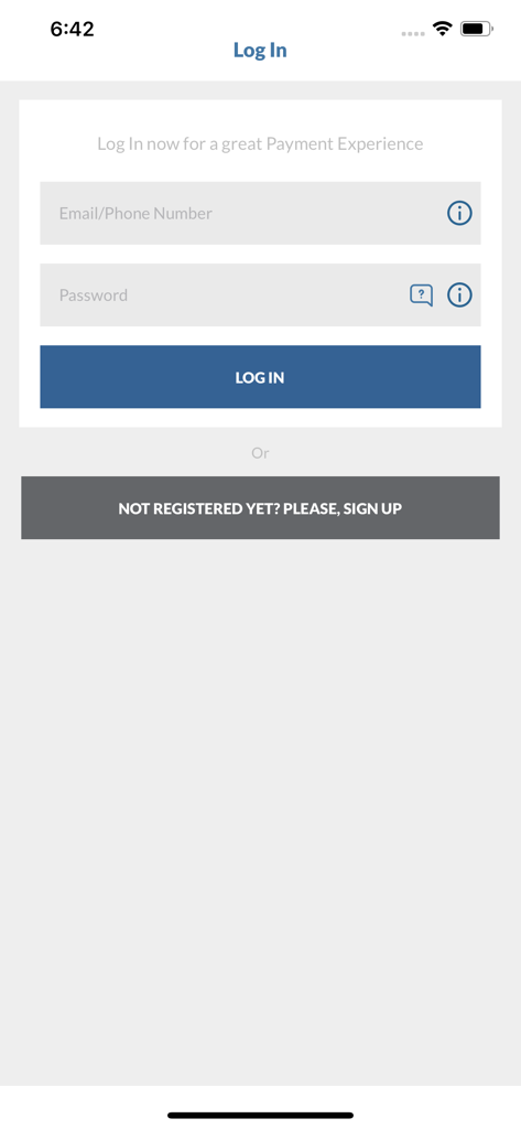 Anmeldebildschirm der Ezipay SL Mobile App mit E-Mail- und Passwortfeldern
