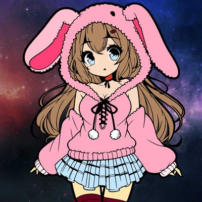 pretty anime girl wearing a fluffy hoodie with bunny ears on the hood and a skirt