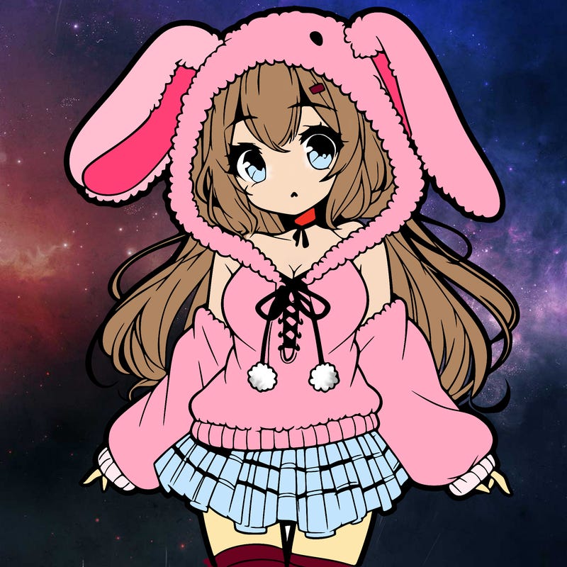 pretty anime girl wearing a fluffy hoodie with bunny ears on the hood and a skirt