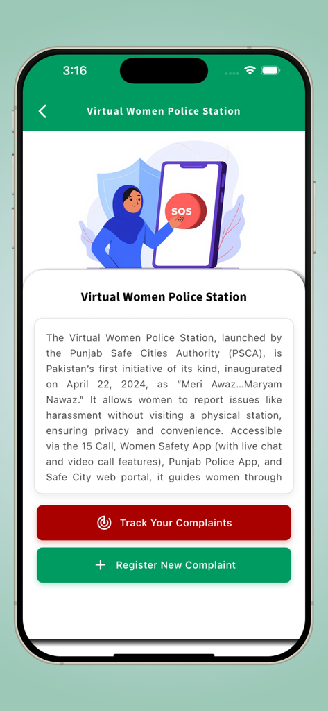 Smartphone screen displaying the Virtual Women Police Station interface in the PSCA app with options to register or track complaints.
