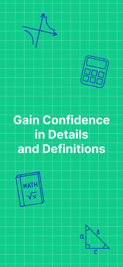 Math Solver AI Homework Helper - Educational screen from Math Solver AI with math icons on a green grid background and text reading Gain Confidence in Details and Definitions.