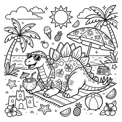 Dive into summer fun with this charming Stegosaurus coloring page, depicting a dinosaur enjoying a sunny beach vacation. Featuring sunglasses, a Hawaiian shirt, and tropical delights, it's perfect for a creative escape.