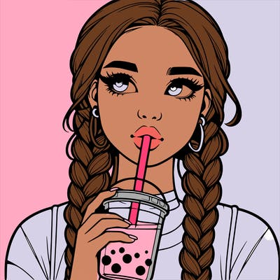 realistic girl with braided hair drinking boba