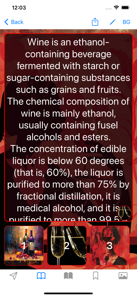 Tela do aplicativo móvel mostrando definição de vinho e ilustrações de bebidas