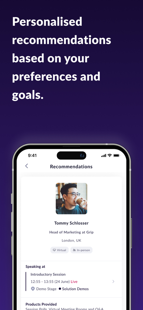 DTECH 2026 - DTECH 2026アプリのインターフェースには、パーソナライズされたネットワーキングとスピーカーの推奨事項が表示されています。