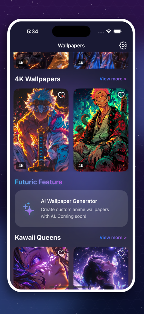 Interfaz de la aplicación Fondos de pantalla de Solo Leveling que muestra categorías de personajes de anime en 4K y una función de generador de fondos de pantalla con IA