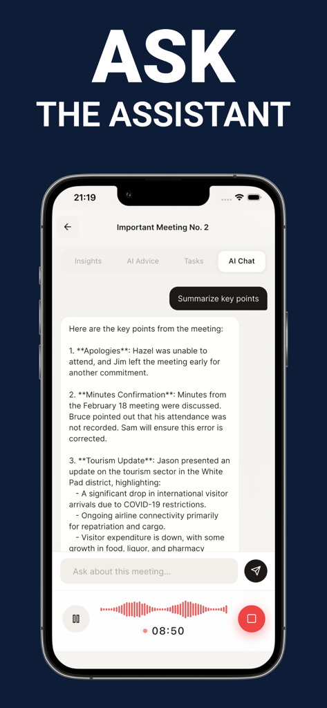 Meeting Minutes: Focus AI - AI assistant chat interface in the Meeting Minutes app showing a summary of key points from a meeting