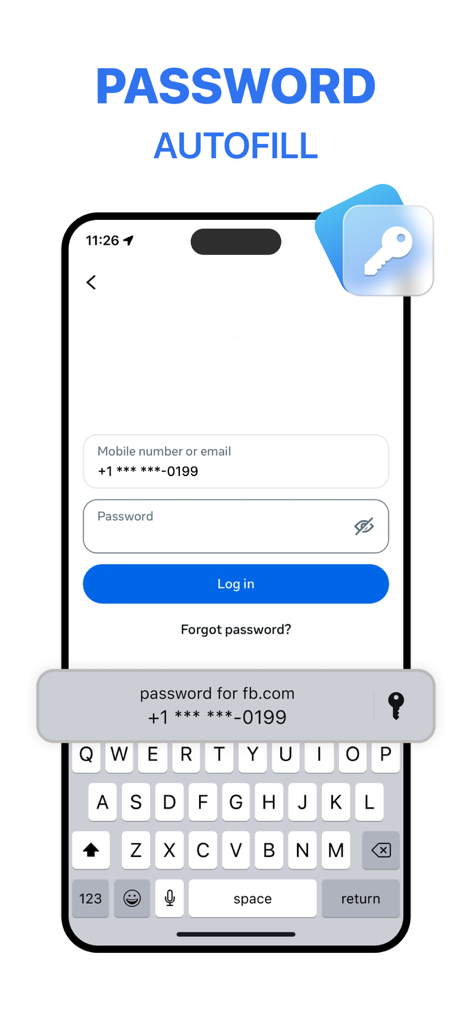 iPhone screen displaying the password autofill feature for a Facebook login using the FastOTP authenticator app