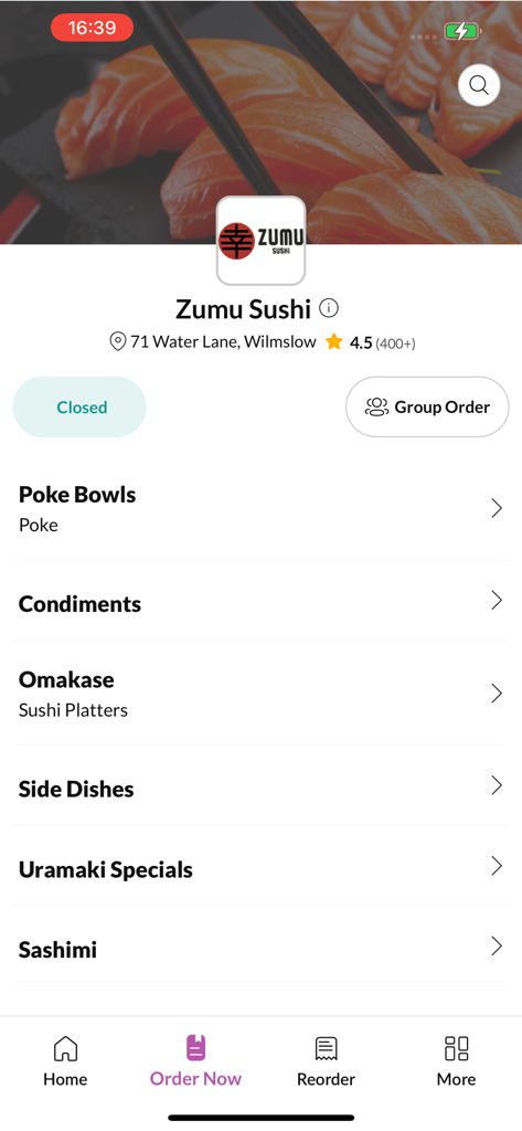 Zumu Sushi. - Tela do cardápio do aplicativo Zumu Sushi mostrando categorias de sushi e poke bowls