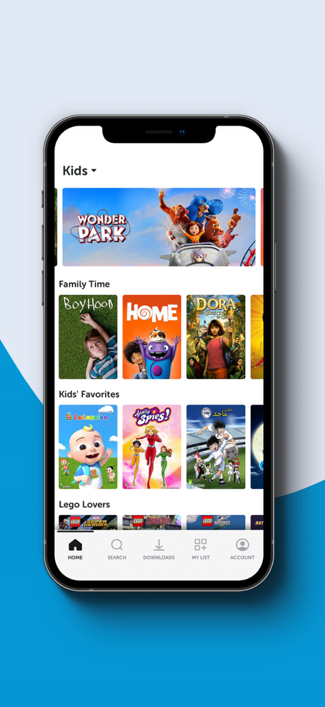 Mobily TV - Mobily TV app kids section displaying animated movies and family shows on a smartphone