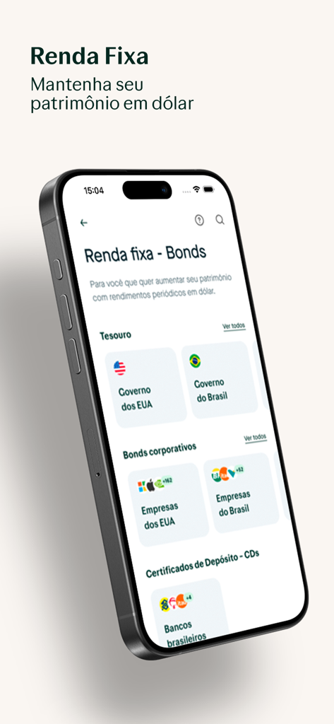 Écran de l'application Avenue montrant des options d'obligations et de revenus fixes américaines et brésiliennes