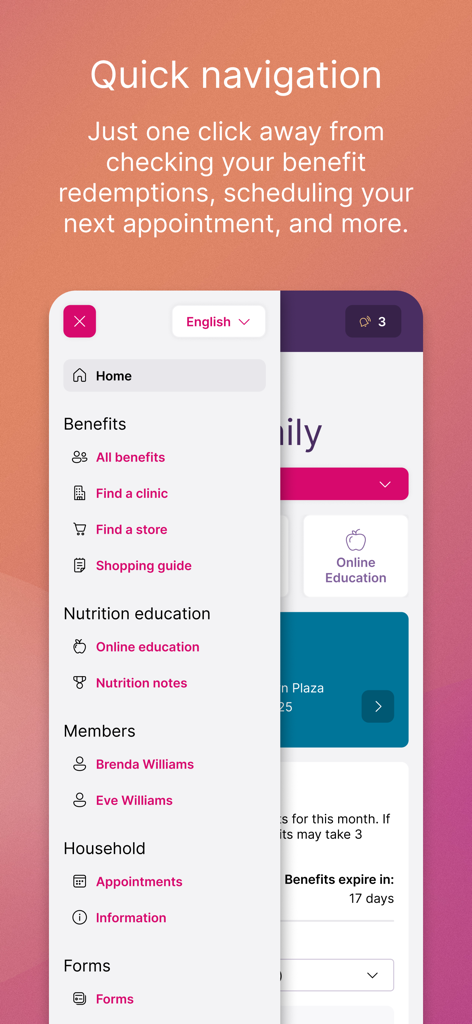 myWIC Mosaic app quick navigation menu showing benefits and appointment options