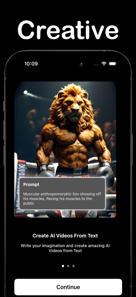 Video AI: Photo to Video Maker - 筋肉質のライオンの動画アニメーションのテキストプロンプトを示すVideo AIアプリのインターフェイス