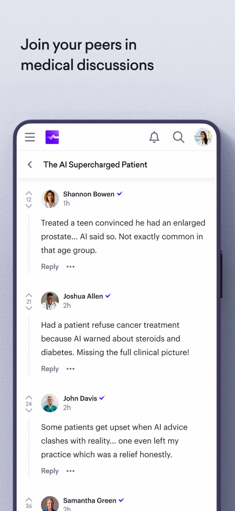 Sermo: Physician Network - Interfaz de la aplicación Sermo que muestra a médicos verificados discutiendo casos de pacientes clínicos e información médica.