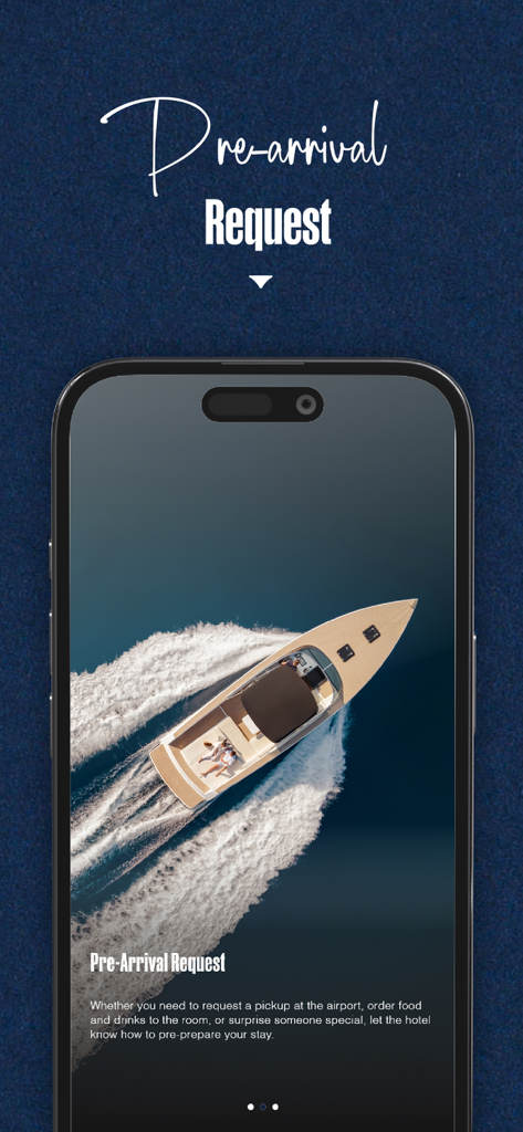 Minor Hotels - マイナーホテルズのモバイルアプリの事前到着リクエスト画面、高級スピードボートの空撮付き