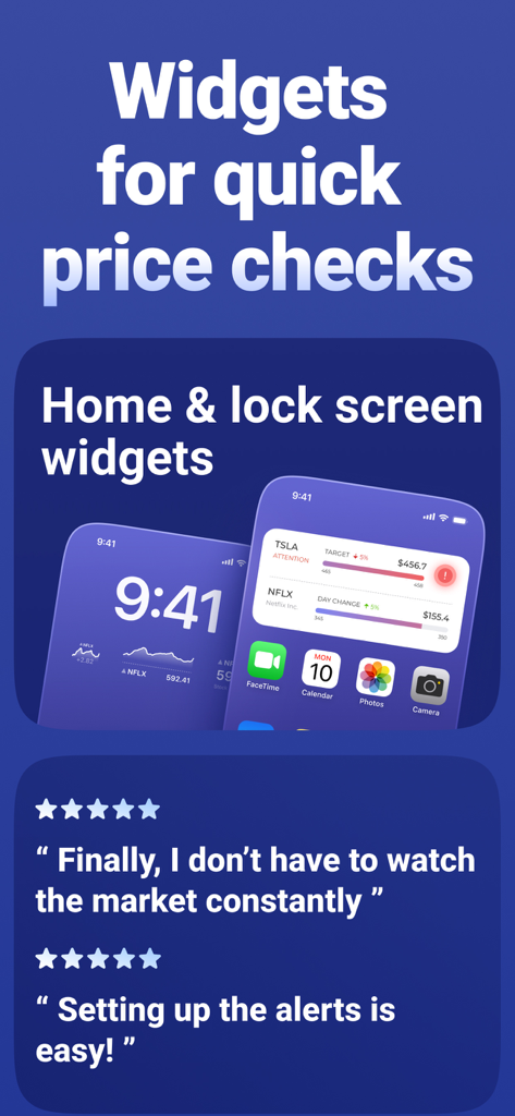 Stock Alert app showcasing home and lock screen widgets for real-time price tracking and user testimonials