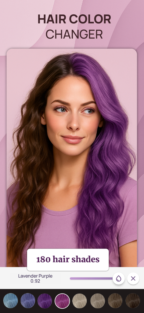 Color Analysis - Dressika - A woman using the Dressika app to virtually try on a lavender purple hair color side by side with her natural brown hair