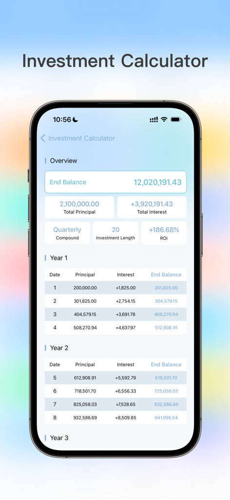 AssetMate: Asset & Installment - Interface da calculadora de investimentos AssetMate mostrando projeções trimestrais de juros compostos e ROI.