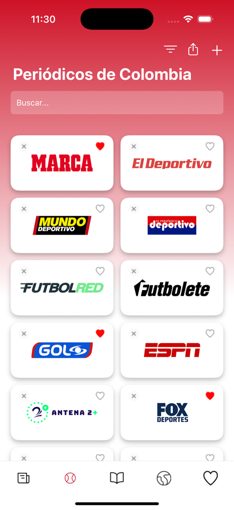 Periódicos de Colombia - Interfaz de la sección de deportes de la aplicación Periódicos de Colombia mostrando logotipos de las principales fuentes de noticias como MARCA y ESPN