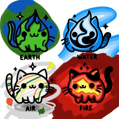 4 cats that represent the different elements, earth, water, air, and fire