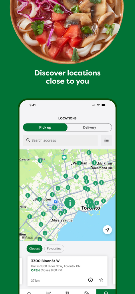 Freshii - Freshii app map showing nearby restaurant locations in Toronto