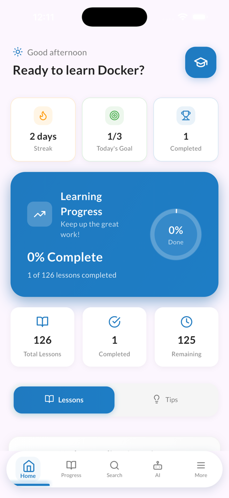 Dashboard di apprendimento dell'app Learn Docker che mostra statistiche di avanzamento, obiettivi giornalieri e serie di progressi.