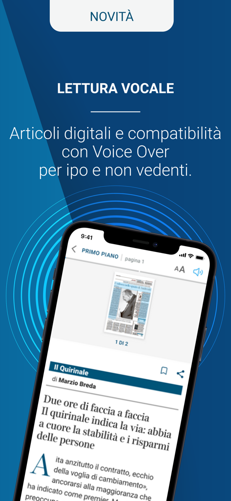 Smartphone mostrando os recursos de leitura por voz e acessibilidade do aplicativo Corriere della Sera para leitores com deficiência visual