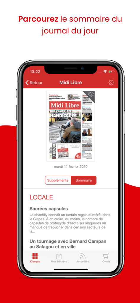 Midi Libre Le Journal - Midi Libre app interface displaying a digital newspaper front page and local news summary.