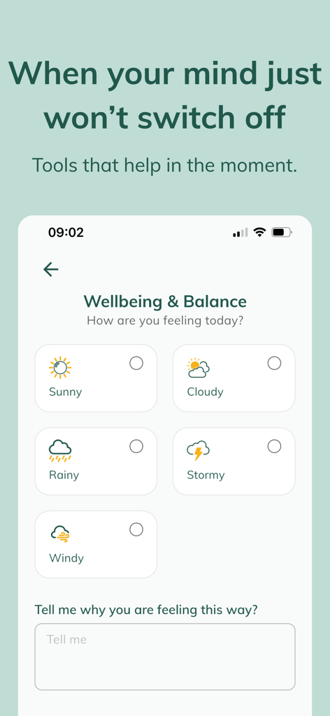 WorryTree: Anxiety Relief - Mood tracking interface in the WorryTree app with weather icons and a text box for journaling