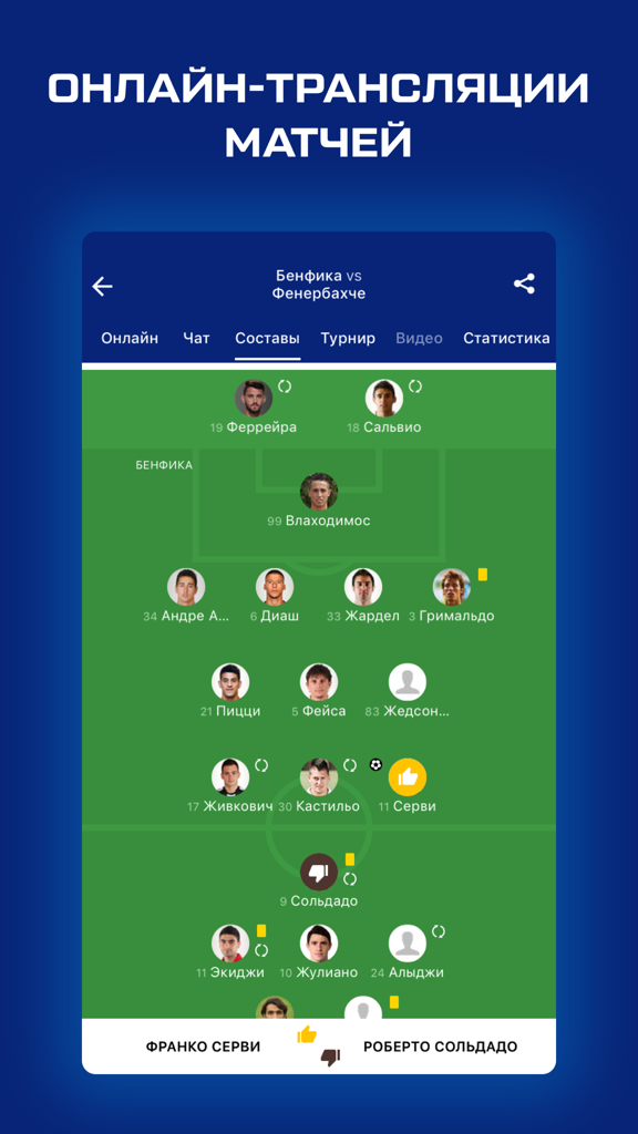 Лига чемпионов от Sports.ru - Football match lineup for Benfica vs Fenerbahce in the Champions League app by Sports.ru