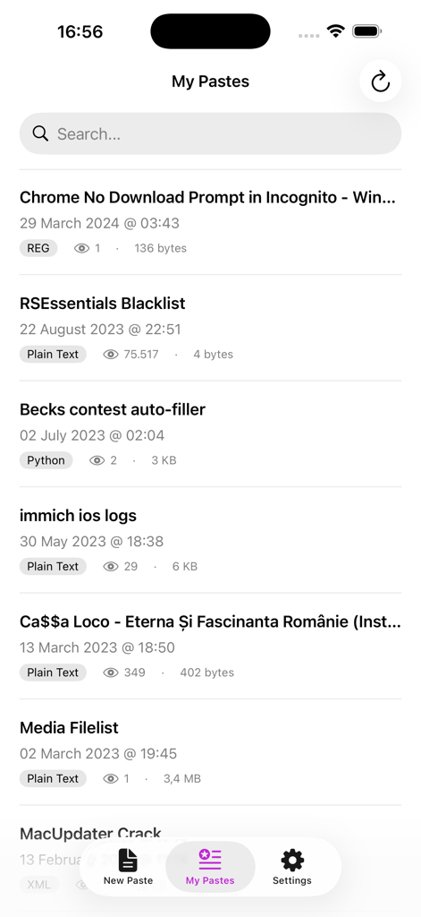 A list of saved code snippets and logs within the PasteMe app interface