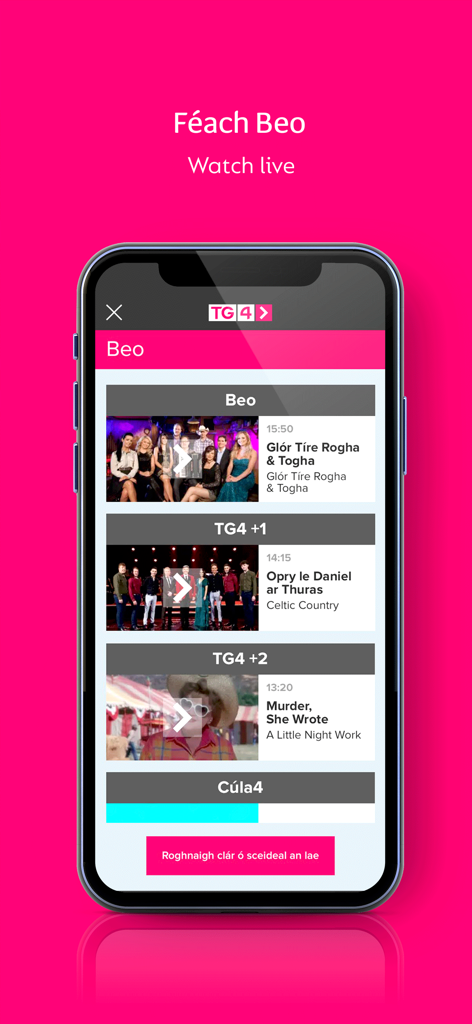 TG4 Player - A mobile screen showing the live TV channel list on the TG4 Player app with Irish language programs
