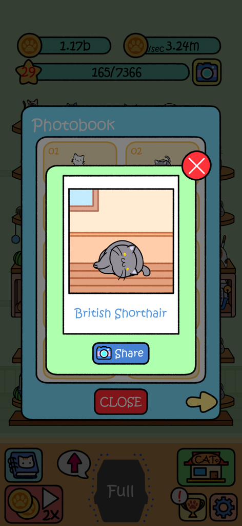 Cat Condo - Eine süße schlafende graue Britisch-Kurzhaar-Katze, angezeigt im Cat Condo-Spiel-Fotobuch-Popup.