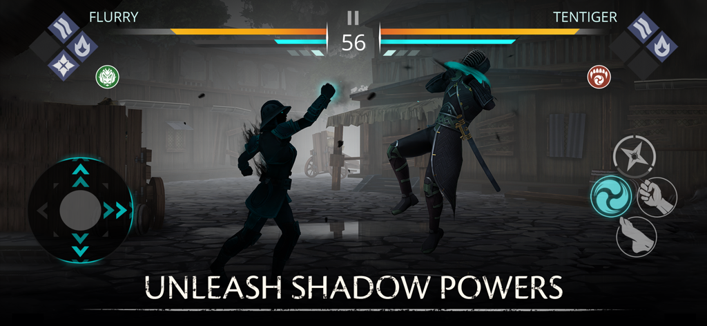 A gameplay screenshot of Shadow Fight 3 showing a character in shadow form fighting an opponent with the text unleash shadow powers