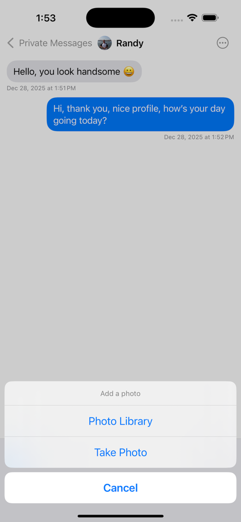 Asian Gay Chat - Private message interface showing a chat conversation and photo upload options