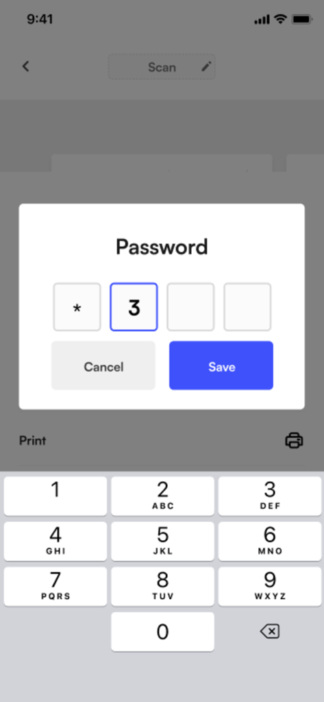 Scan UP – Secure Scanner - Scan UP mobile app interface for setting a secure document password with a numeric keypad