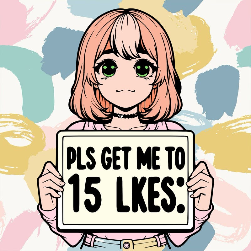 realistic girl holding up a sign that says “pls get me to 15 likes!”