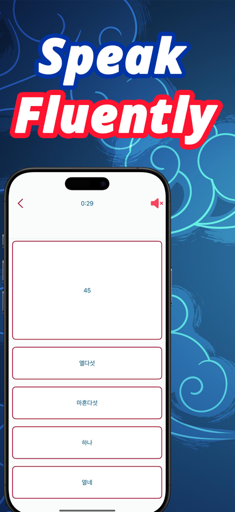 Numbers in Korean language - Tela de smartphone exibindo um quiz de múltipla escolha para aprender números coreanos