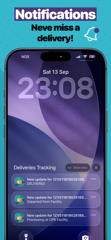 Deliveries Package Tracker - iPhone lock screen displaying real-time delivery status notifications for package tracking.