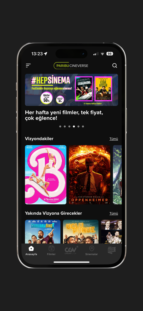 Cineverse - Cineverse mobile app interface on an iPhone showing movie posters for Barbie and Oppenheimer in the theaters section.