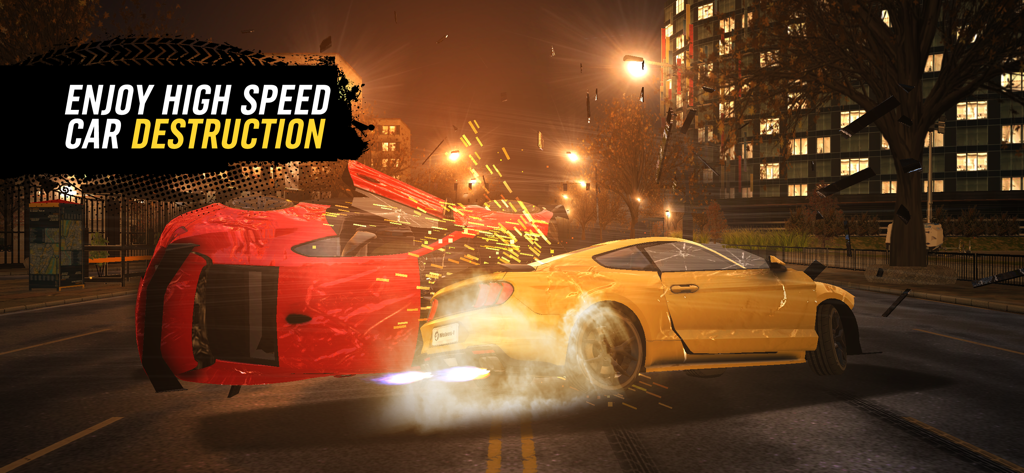 Racing Go: Speed Thrills - A red and yellow car crashing into each other at high speed during a night race in Racing Go