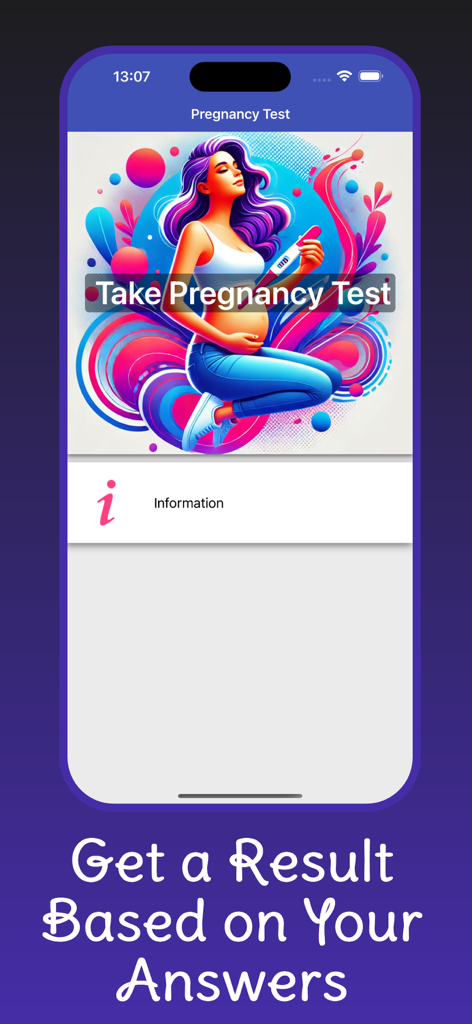 Home screen of the Pregnancy Test Checker app with a Take Pregnancy Test button and colorful pregnancy illustration