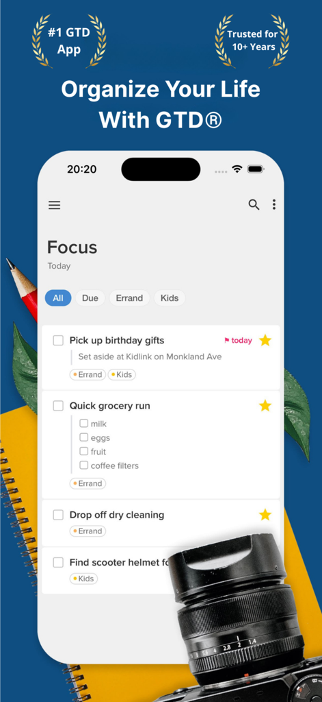 Interface do aplicativo móvel Nirvana para GTD exibindo uma lista de tarefas diárias priorizadas na seção Foco